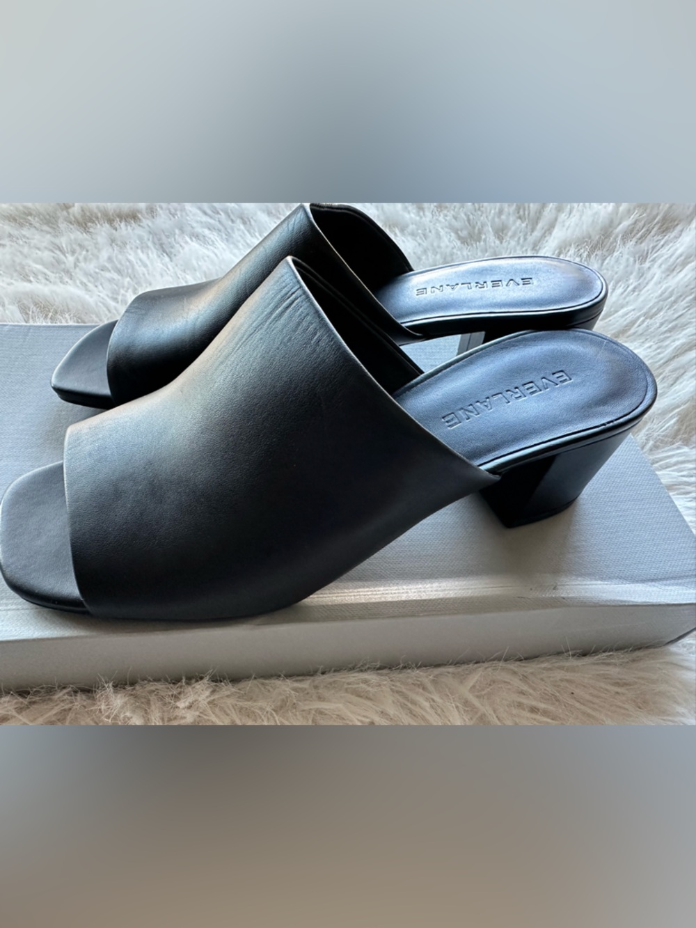 Everlane Black Leather Square-Toe Slide Mules 5 sandals New in the box